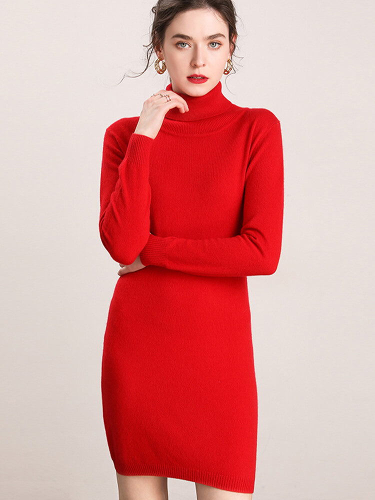 Sleek Long-Sleeve Turtleneck Cashmere Mini Dress