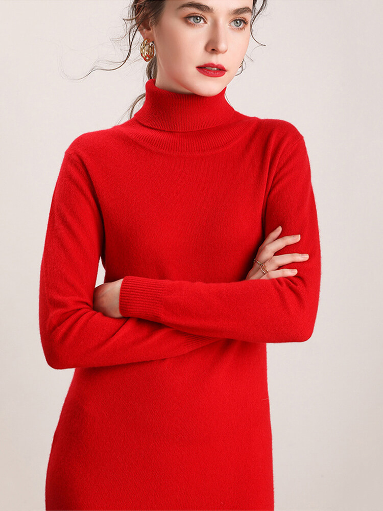 Sleek Long-Sleeve Turtleneck Cashmere Mini Dress