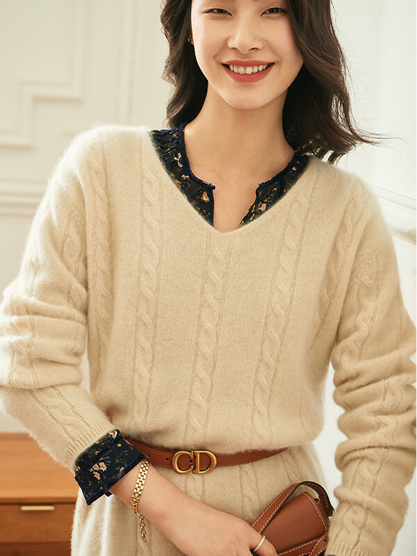 Cable-Knit V-Neck Cashmere Sweater Dress