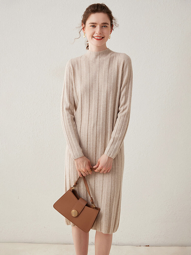 Casual Long Sleeve Half Turtleneck Cashmere Sweater Dress