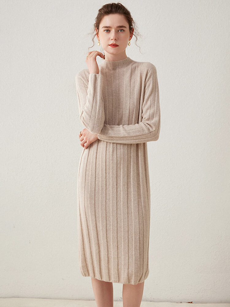 Casual Long Sleeve Half Turtleneck Cashmere Sweater Dress