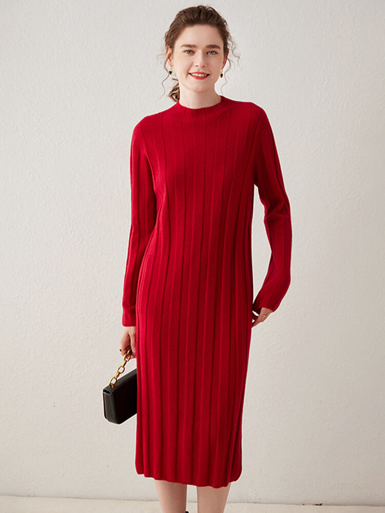 Casual Long Sleeve Half Turtleneck Cashmere Sweater Dress