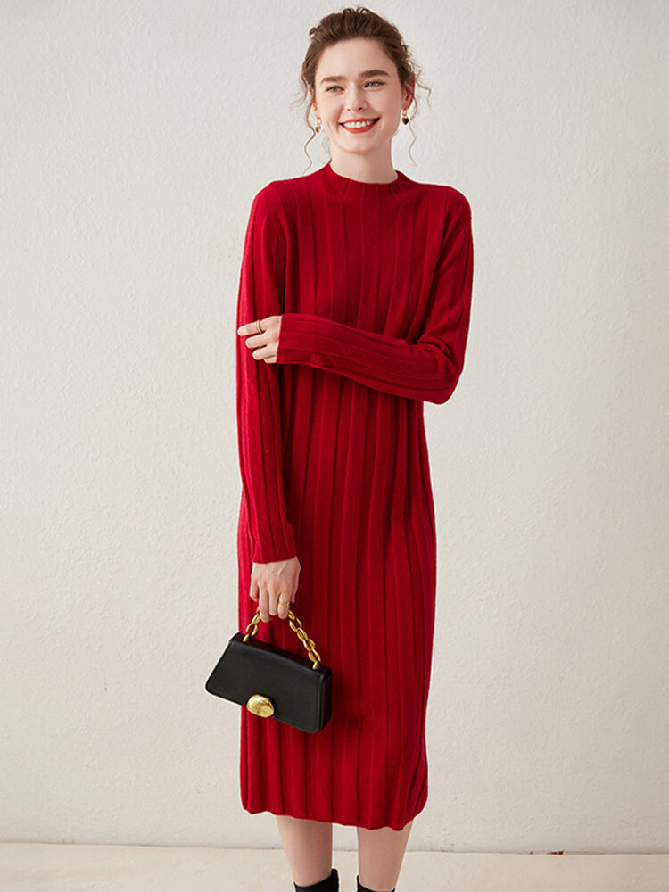 Casual Long Sleeve Half Turtleneck Cashmere Sweater Dress