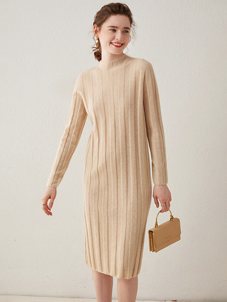 Casual Long Sleeve Half Turtleneck Cashmere Sweater Dress