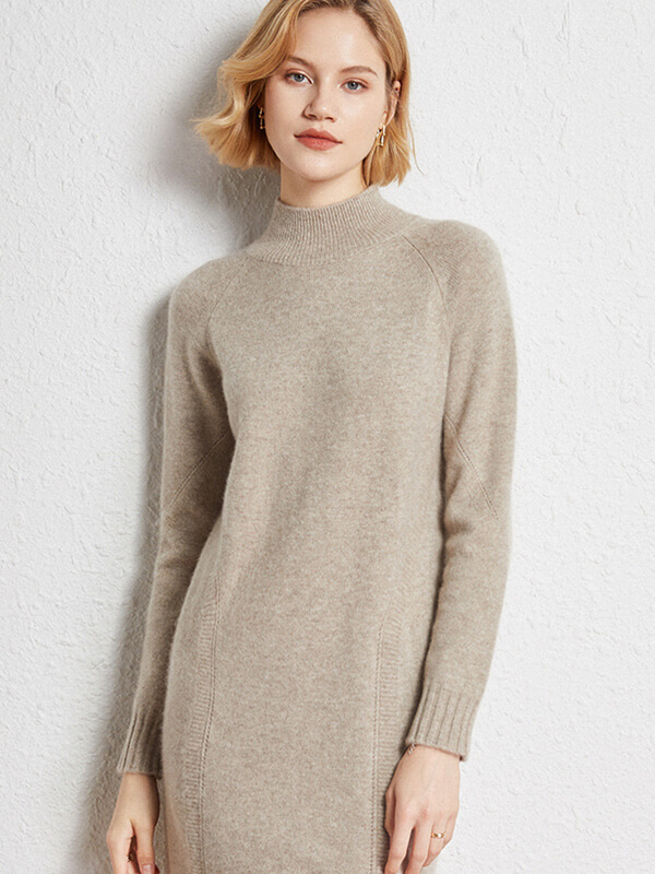 Casual Long Sleeve Half Turtleneck Cashmere Sweater Dress