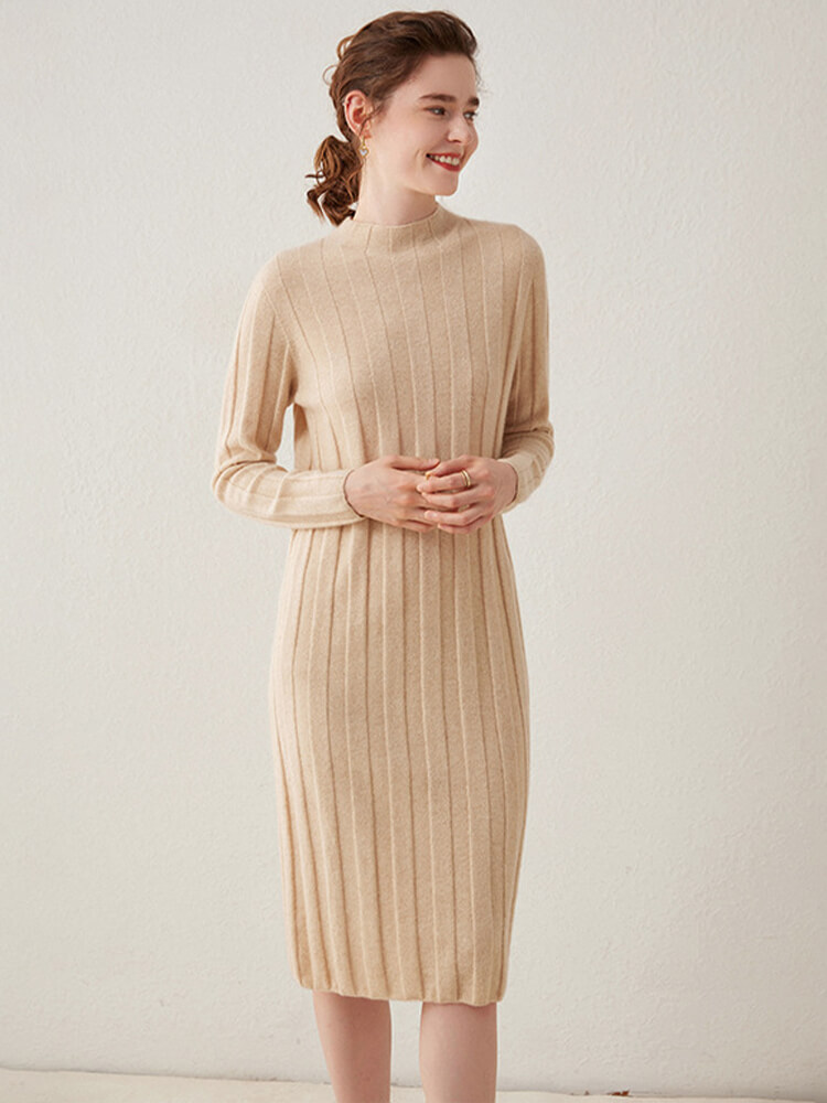 Casual Long Sleeve Half Turtleneck Cashmere Sweater Dress