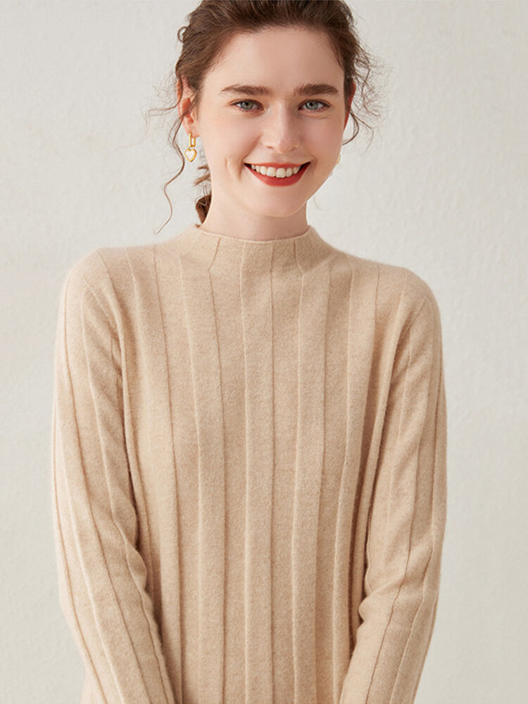 Casual Long Sleeve Half Turtleneck Cashmere Sweater Dress