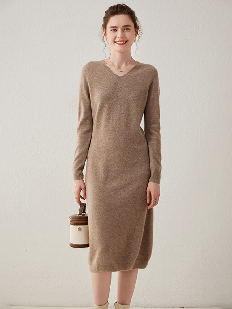 Women's Ribbed Long Sleeve Wool Cashmere V-Neck Mermaid Dress