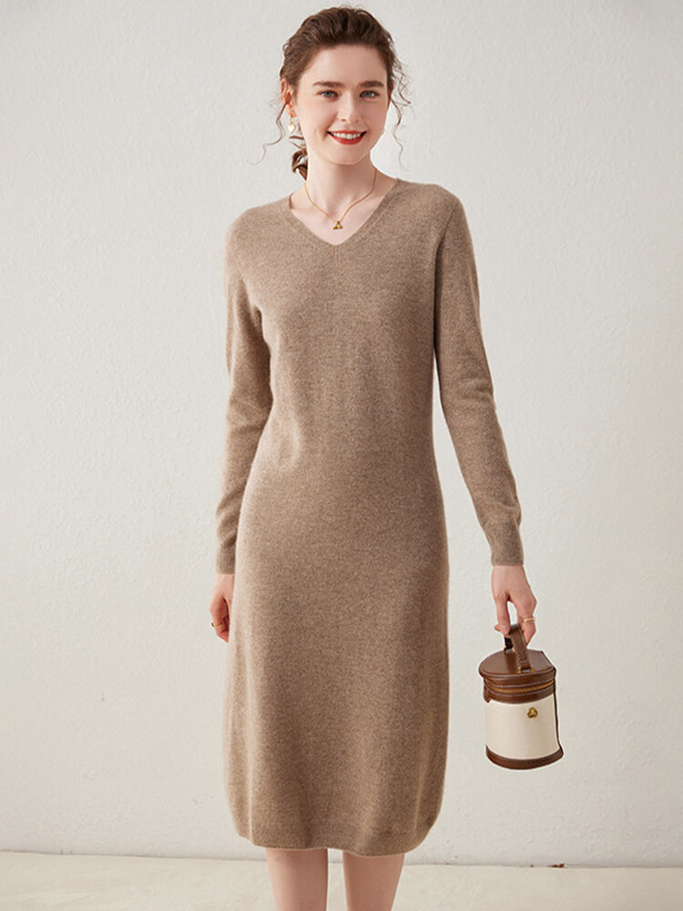 Women's Ribbed Long Sleeve Wool Cashmere V-Neck Mermaid Dress