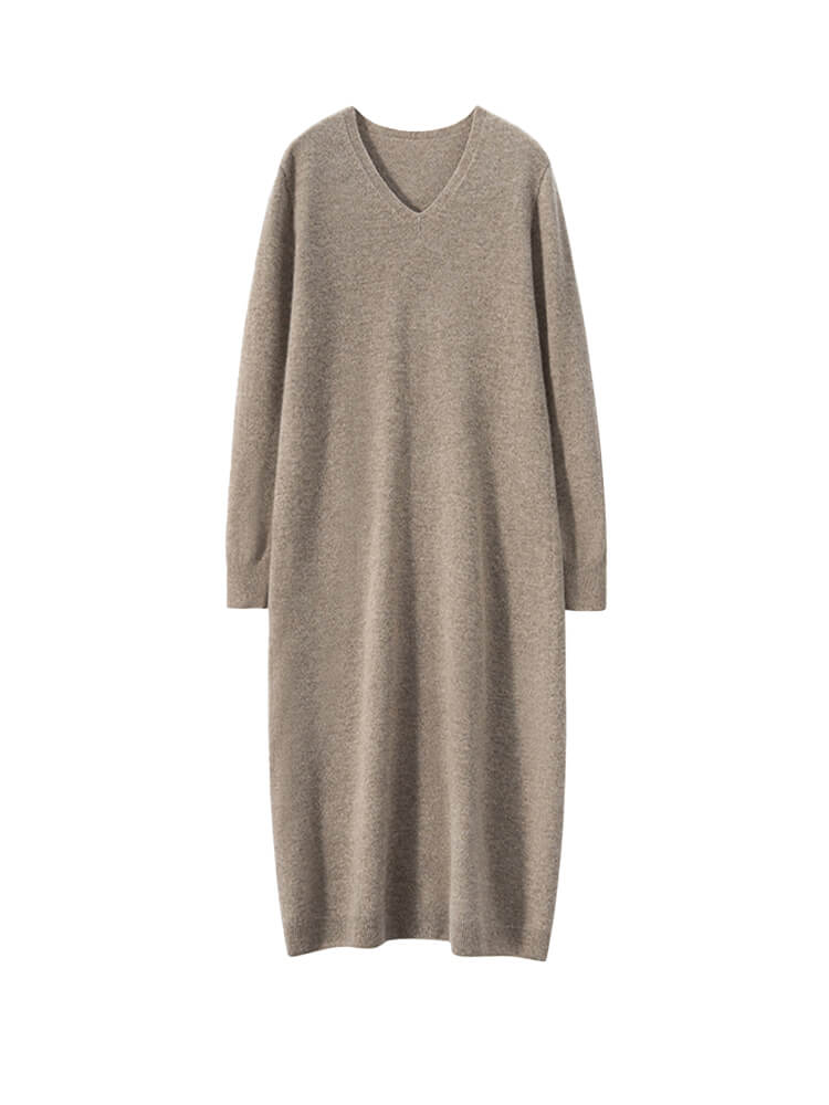 Cozy Long-Sleeve Classic V-Neck Cashmere Midi Dress