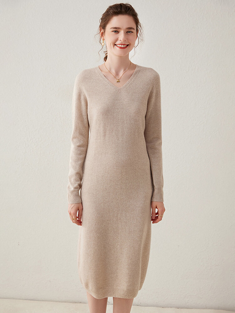 Women's Ribbed Long Sleeve Wool Cashmere V-Neck Mermaid Dress