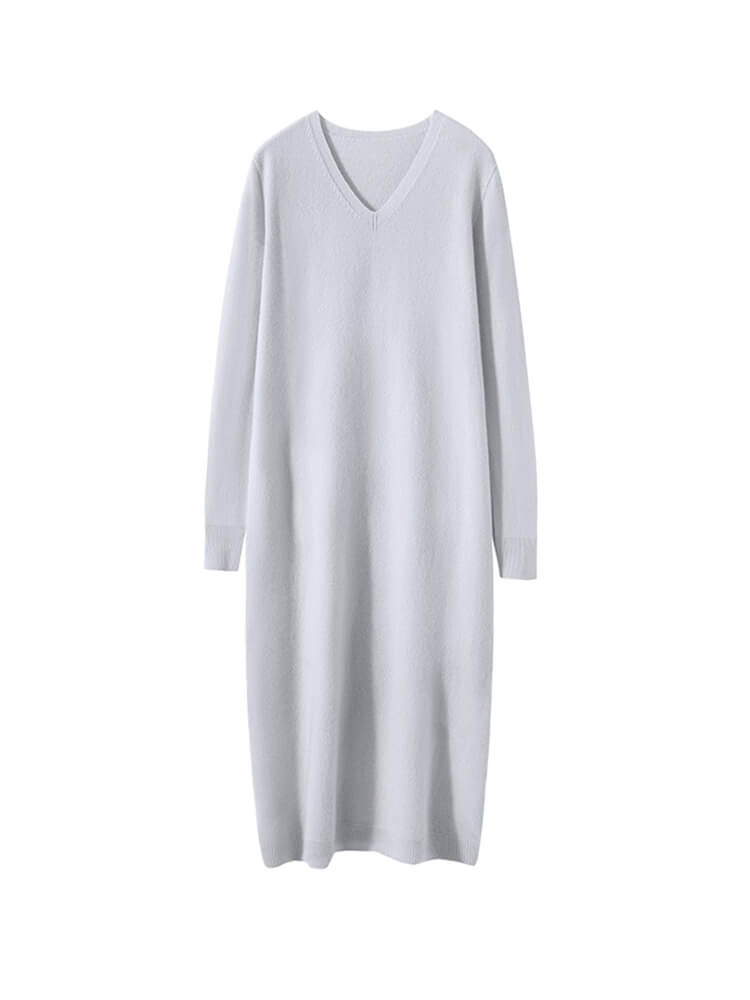 Cozy Long-Sleeve Classic V-Neck Cashmere Midi Dress