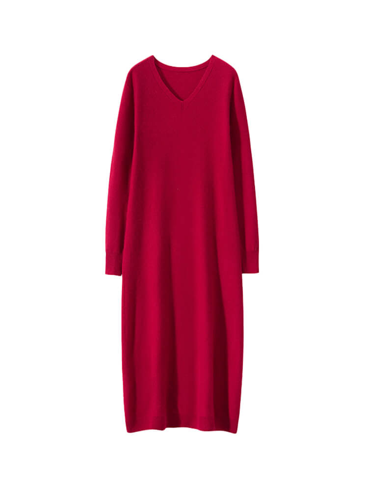 Women's Ribbed Long Sleeve Wool Cashmere V-Neck Mermaid Dress