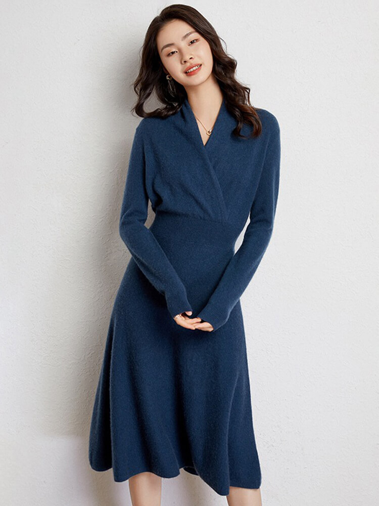 Elegant Long Sleeve A-Line Midi Cashmere Wrap Dress