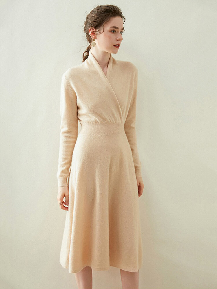 Graceful Long Sleeve V-Neck Cashmere Wrap Dress