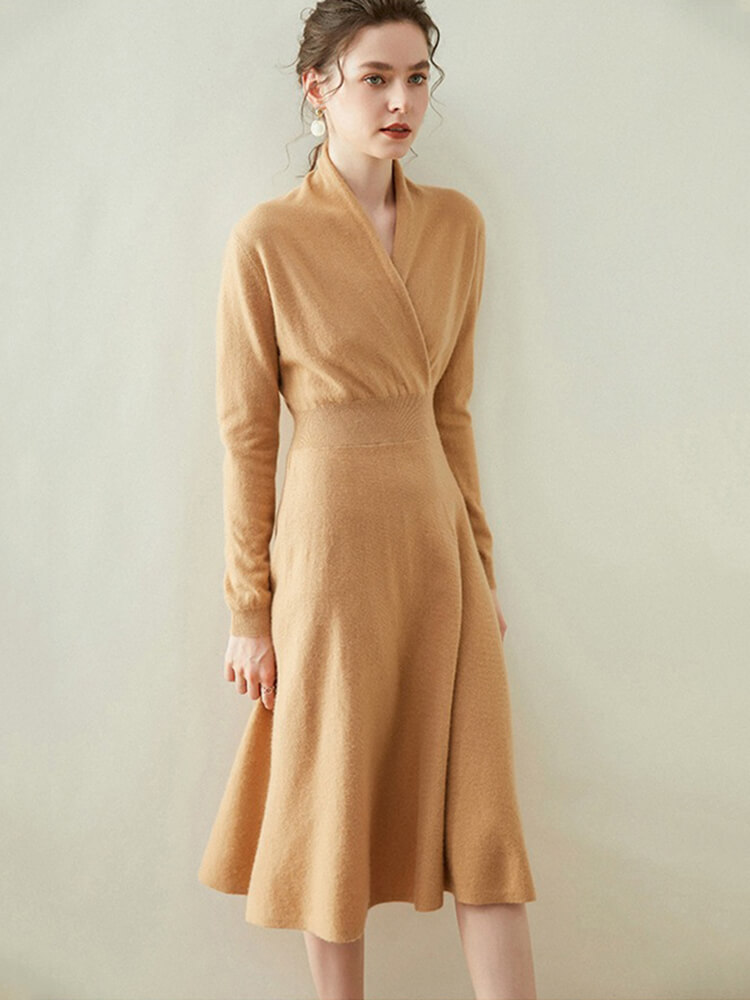 Graceful Long Sleeve V-Neck Cashmere Wrap Dress