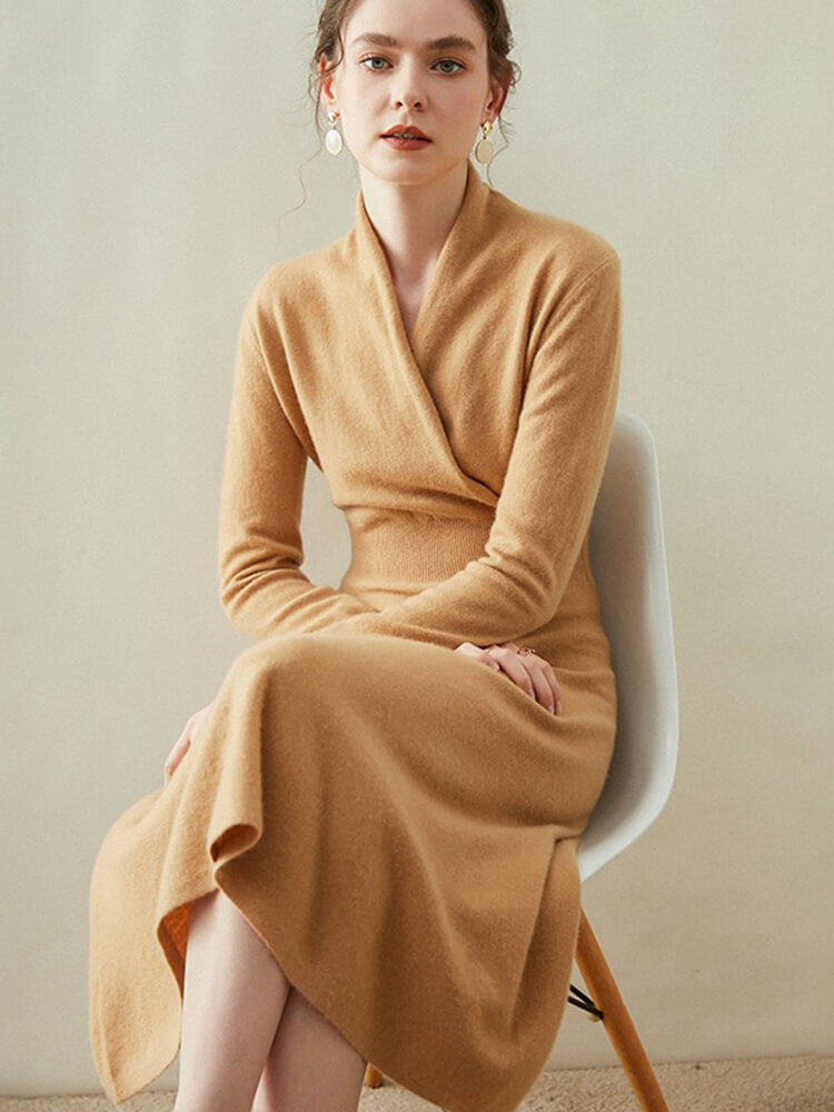 Graceful Long Sleeve V-Neck Cashmere Wrap Dress