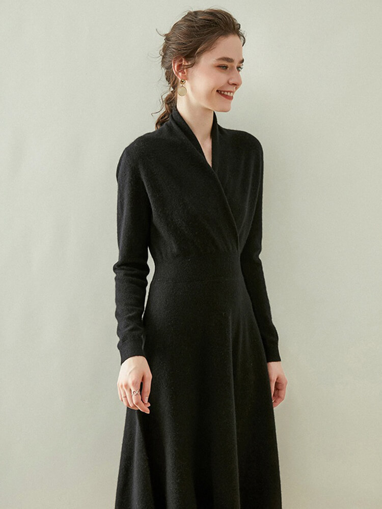 Graceful Long Sleeve V-Neck Cashmere Wrap Dress