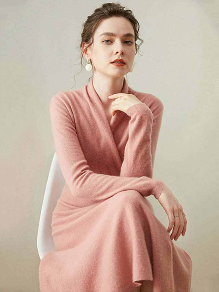 Graceful Long Sleeve V-Neck Cashmere Wrap Dress