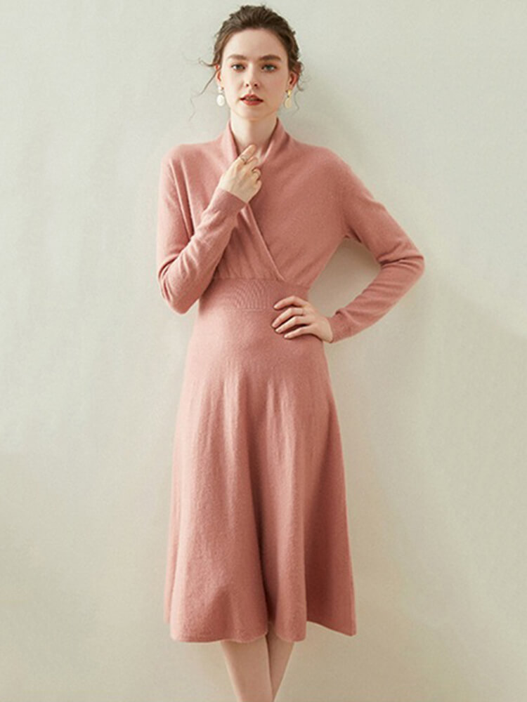 Graceful Long Sleeve V-Neck Cashmere Wrap Dress