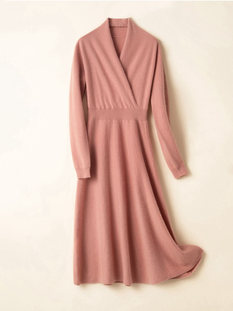 Graceful Long Sleeve V-Neck Cashmere Wrap Dress