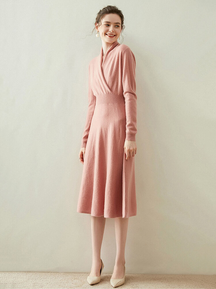 Graceful Long Sleeve V-Neck Cashmere Wrap Dress