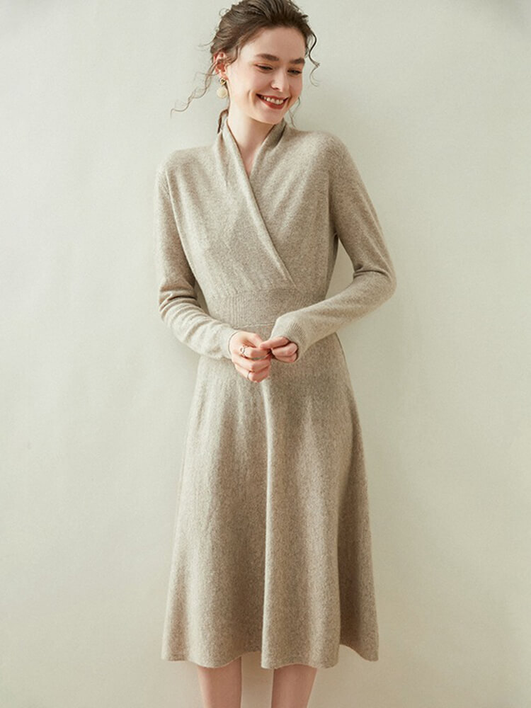 Graceful Long Sleeve V-Neck Cashmere Wrap Dress