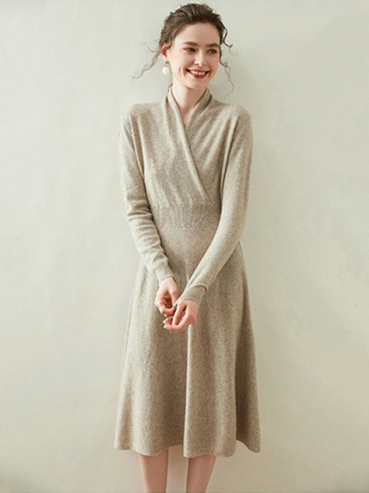 Graceful Long Sleeve V-Neck Cashmere Wrap Dress