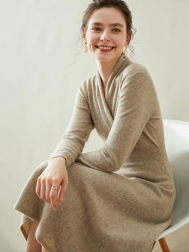 Graceful Long Sleeve V-Neck Cashmere Wrap Dress