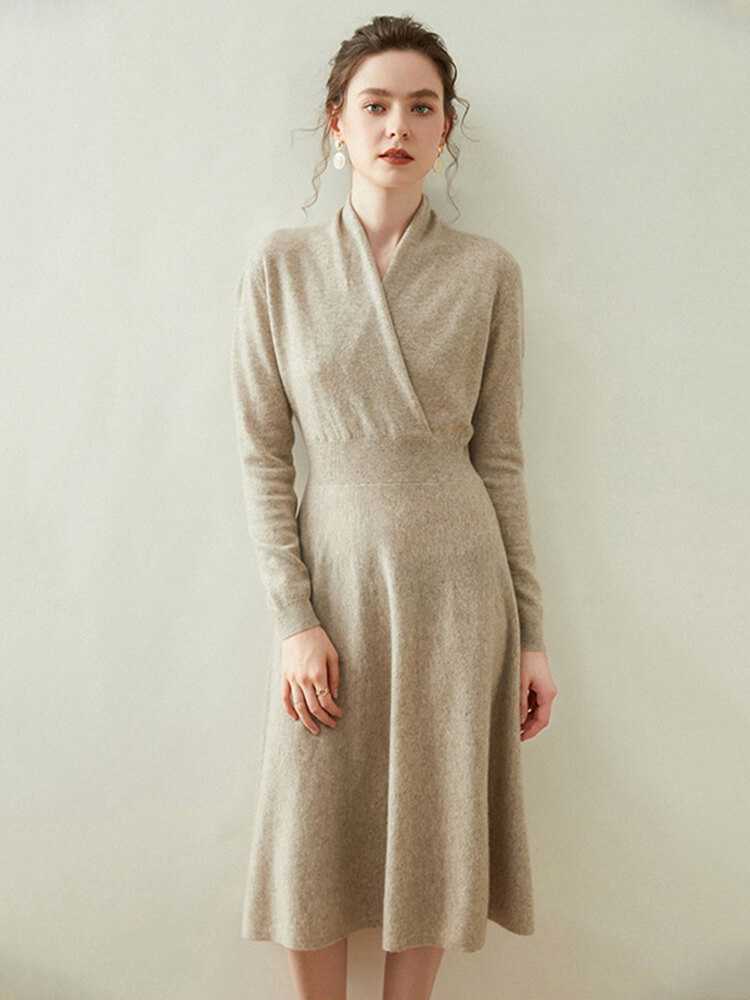 Graceful Long Sleeve V-Neck Cashmere Wrap Dress