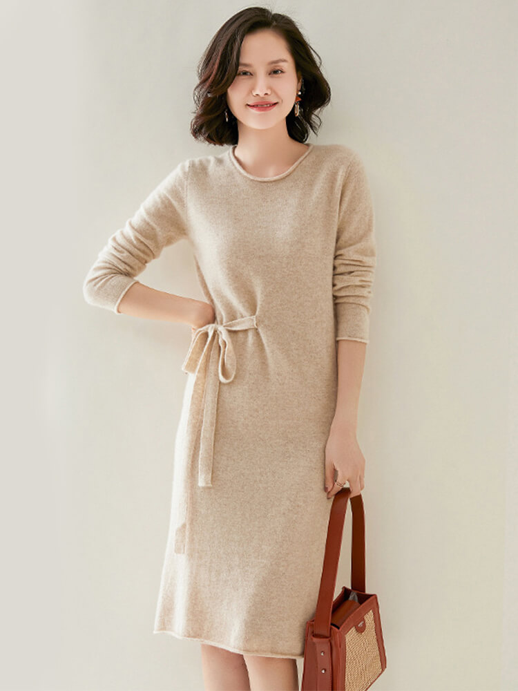 Long Sleeve Mock Neck Midi Cashmere Cable-knit Dress