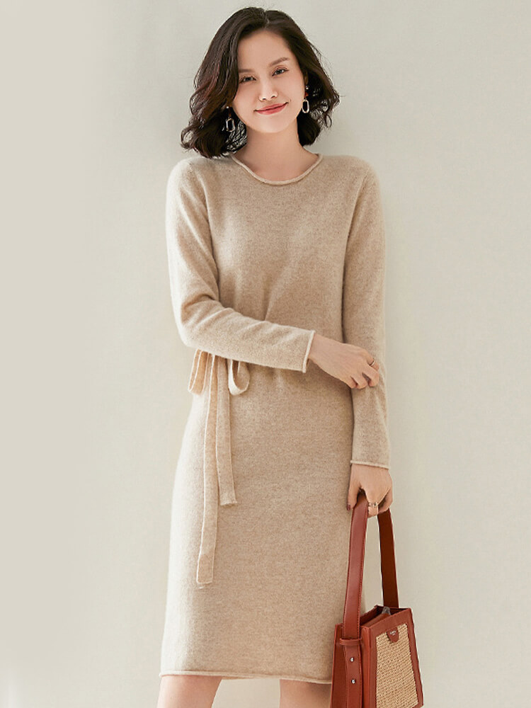 Elegant Long-Sleeve Cashmere Knit Dress with Waist Tie