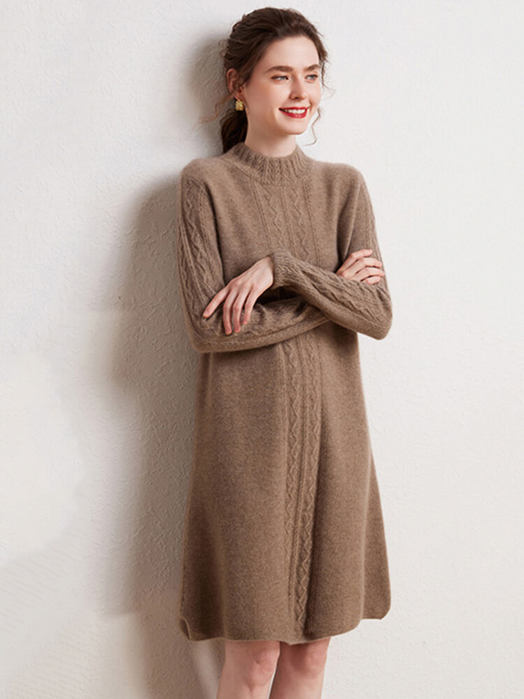 Long Sleeve Mock Neck Midi Cashmere Cable-knit Dress