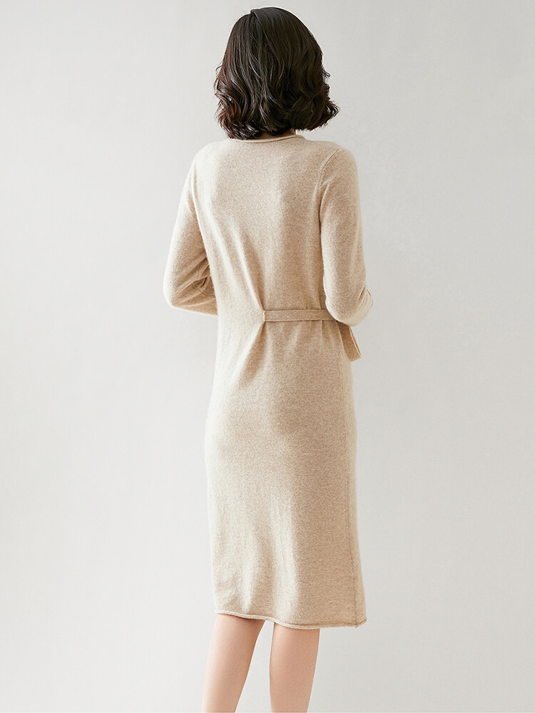 Elegant Long-Sleeve Cashmere Knit Dress with Waist Tie