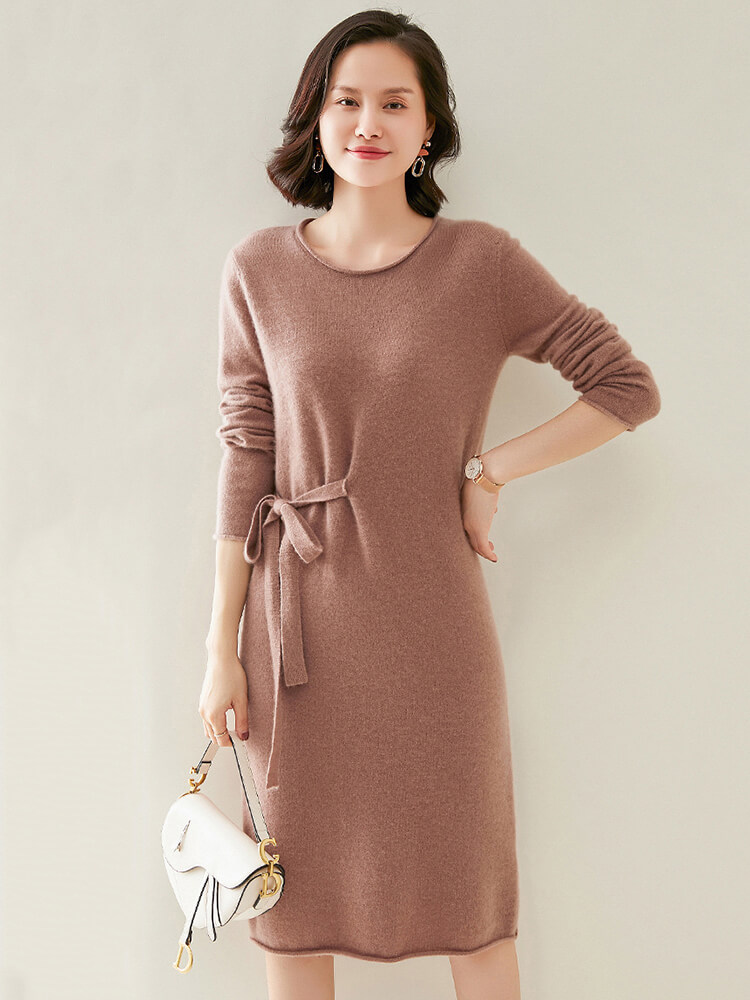 Elegant Long-Sleeve Cashmere Knit Dress with Waist Tie