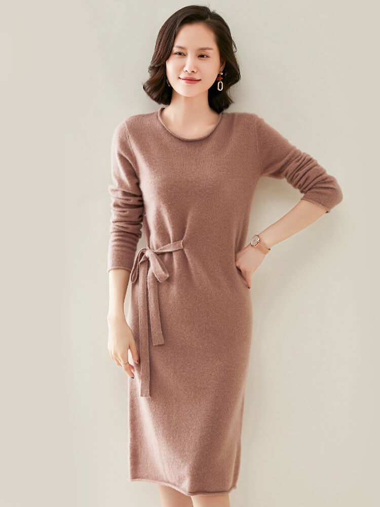 Elegant Long-Sleeve Cashmere Knit Dress with Waist Tie