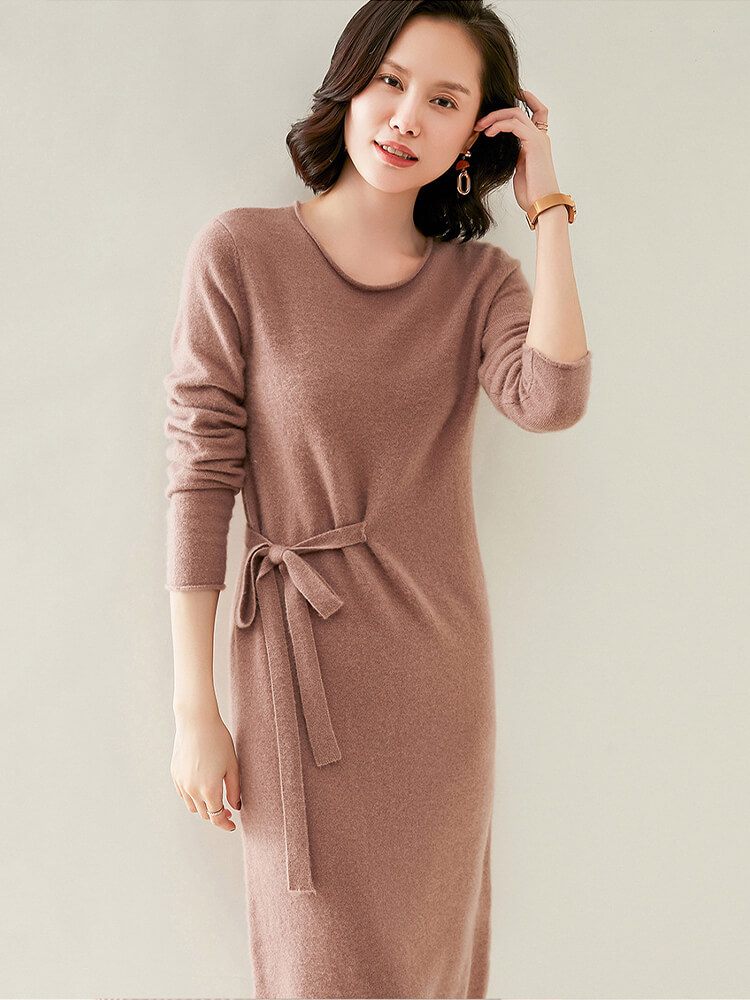 Elegant Long-Sleeve Cashmere Knit Dress with Waist Tie