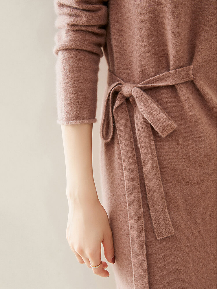 Long Sleeve Mock Neck Midi Cashmere Cable-knit Dress