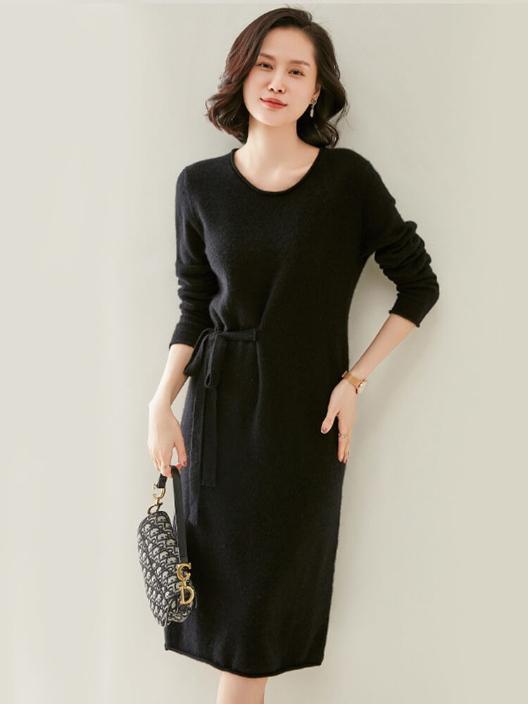 Elegant Long-Sleeve Cashmere Knit Dress with Waist Tie