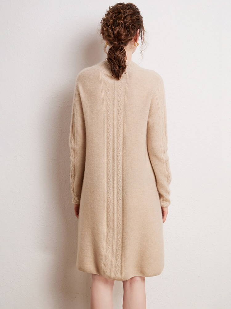 Long Sleeve Mock Neck Midi Cashmere Cable-knit Dress
