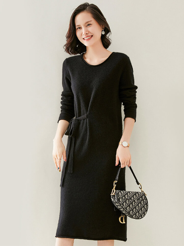 Elegant Long-Sleeve Cashmere Knit Dress with Waist Tie
