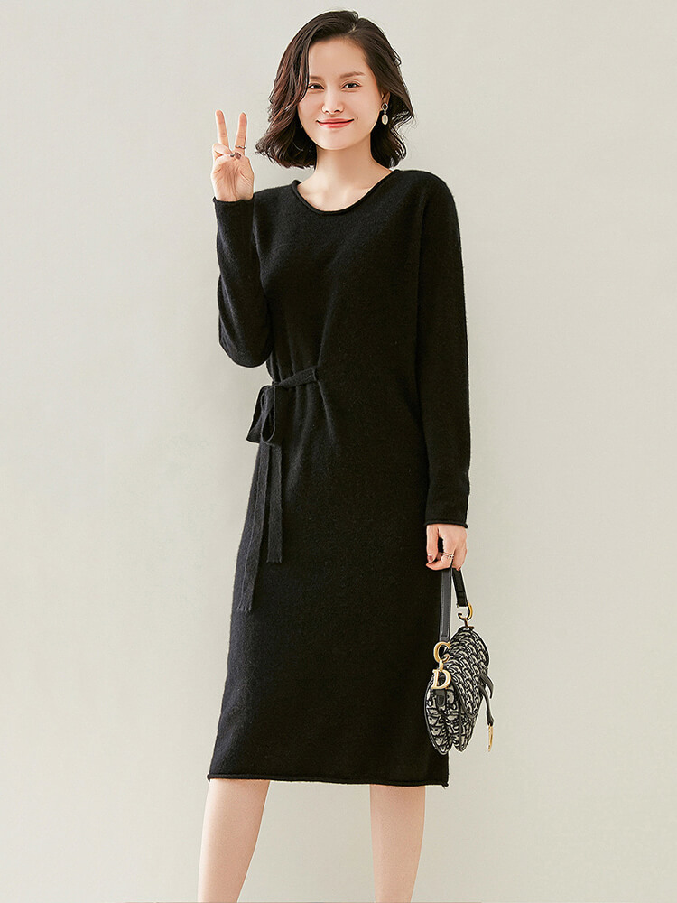 Elegant Long-Sleeve Cashmere Knit Dress with Waist Tie
