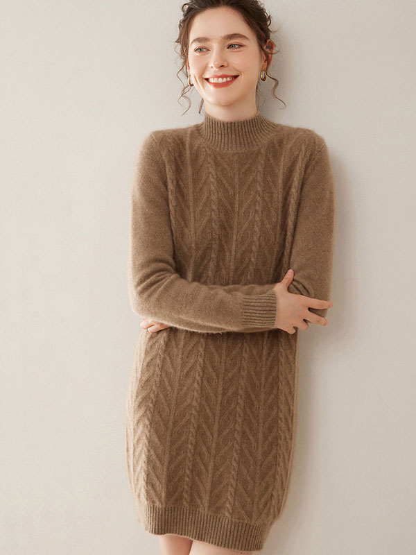 Long Sleeve Mock Neck Midi Cashmere Cable-knit Dress