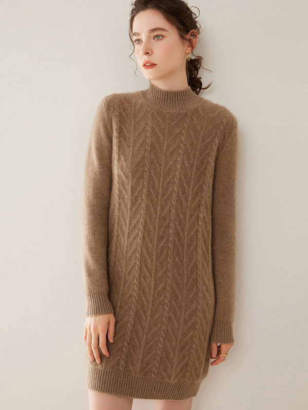 Long Sleeve Mock Neck Midi Cashmere Cable-knit Dress