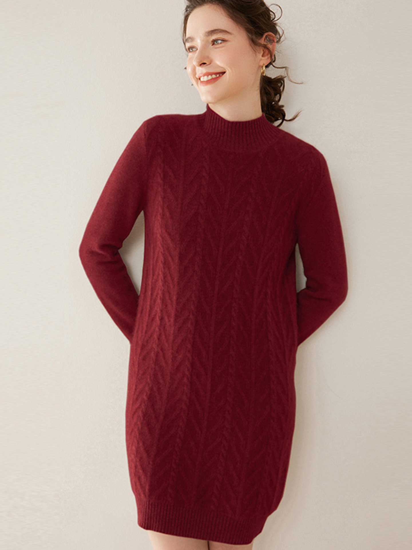 Long Sleeve Mock Neck Midi Cashmere Cable-knit Dress