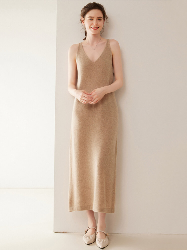 Sleeveless 100% Cashmere V-Neck Midi Dress