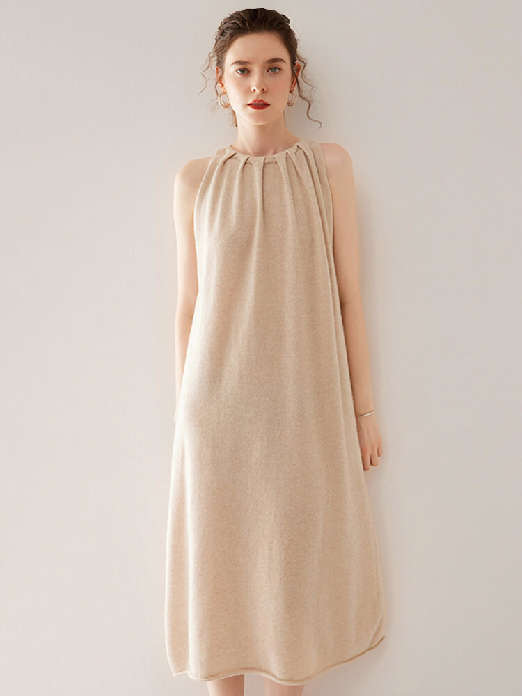 Sleeveless Gathered Halter Neck Cashmere A-line Sweater Dress