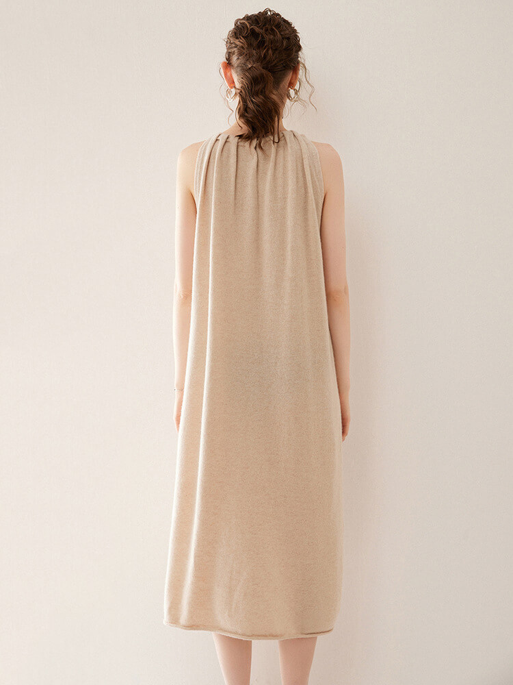 Sleeveless Gathered Halter Neck Cashmere A-line Sweater Dress