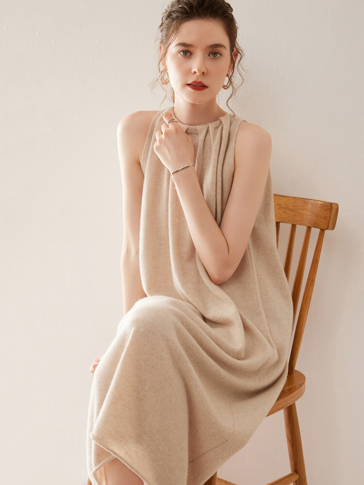 Sleeveless Gathered Halter Neck Cashmere A-line Sweater Dress