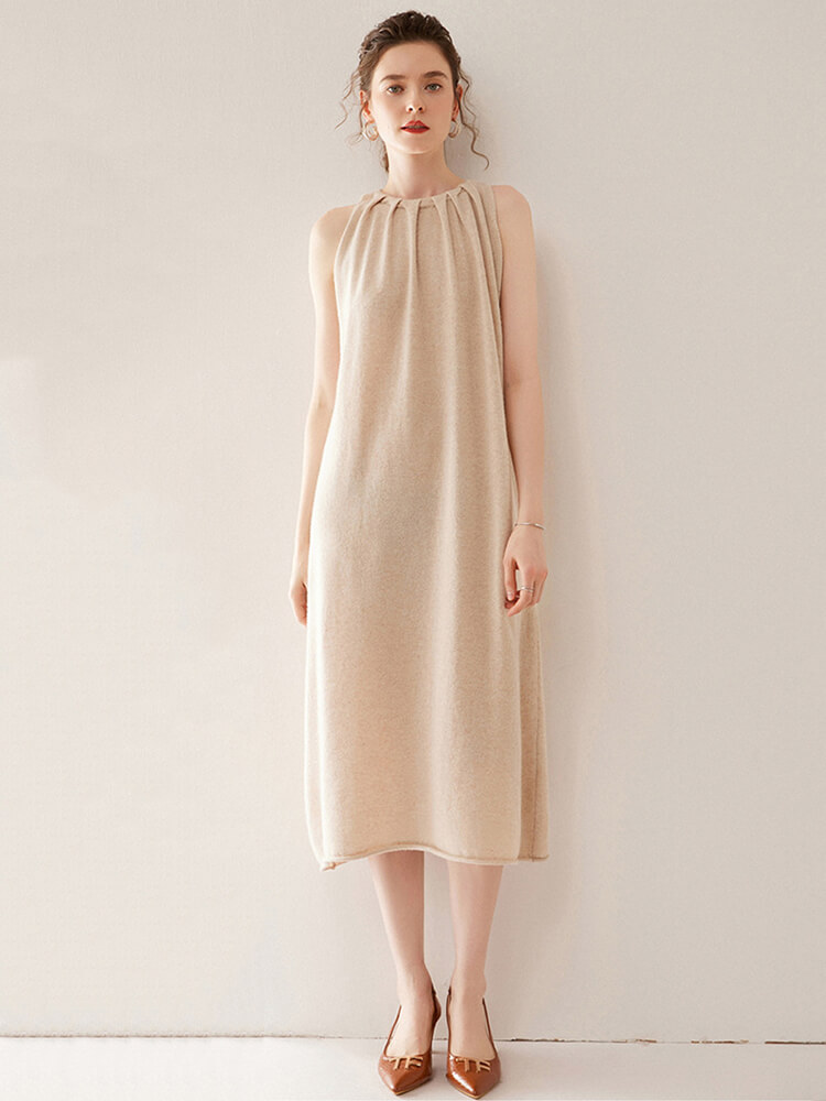 Sleeveless Gathered Halter Neck Cashmere A-line Sweater Dress